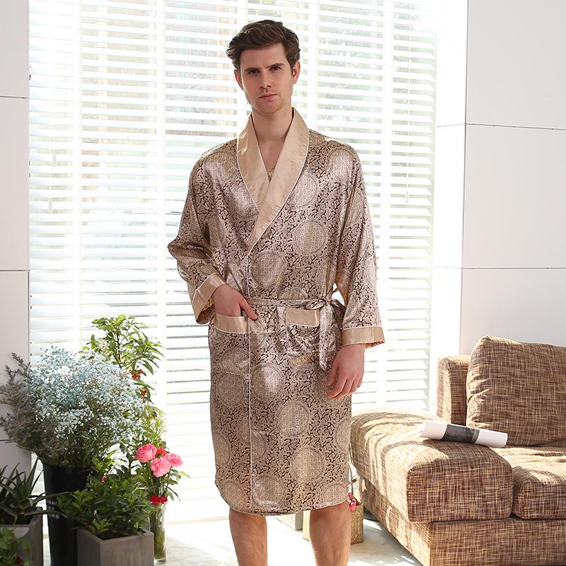 Men's Plus Size Silk-Feel Yukata: Lightweight Long-Sleeve Summer Robe & Pajamas