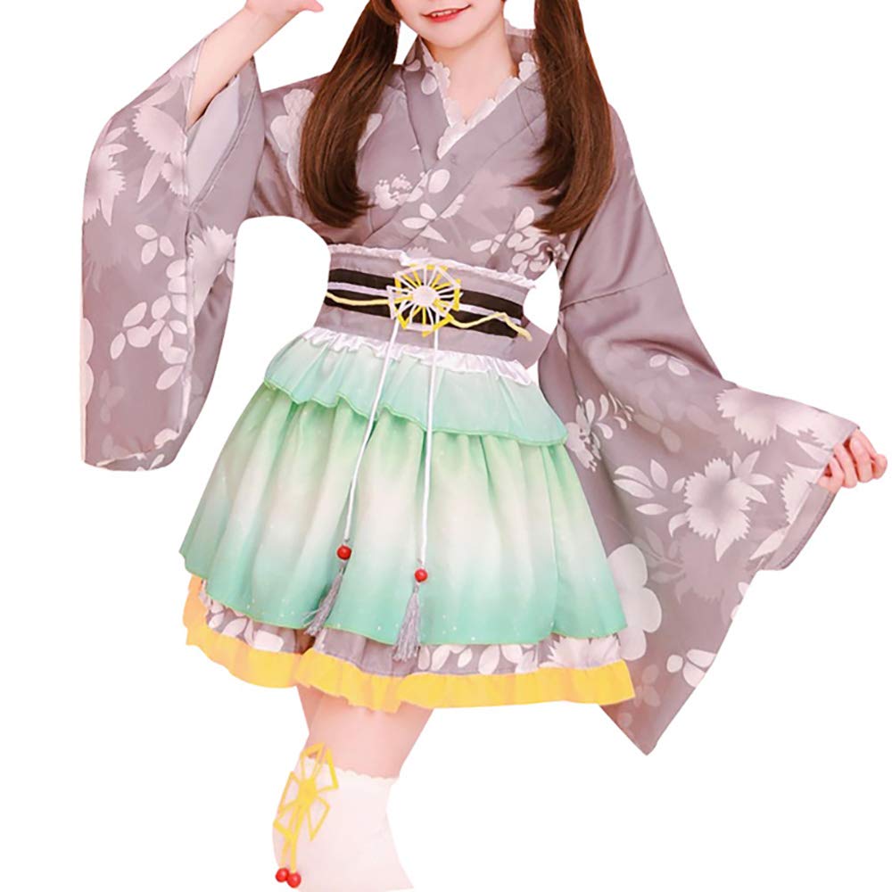 Vestido longo de quimono cortesã Hongfu, chiffon, flor de cerejeira, estilo japonês, traje yukata, cosplay com pó de obi, feminino (cinzento)