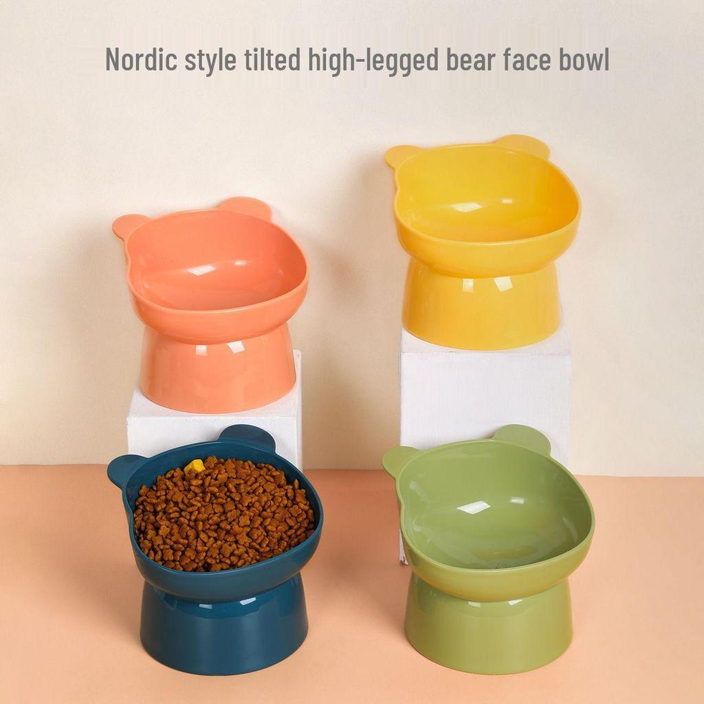Pet Cat Bowl with Slanted Mouth and Anti-Overturn Design, High Foot, Elephant Leg Neck Protection, Cute Plastic, Four Colors.