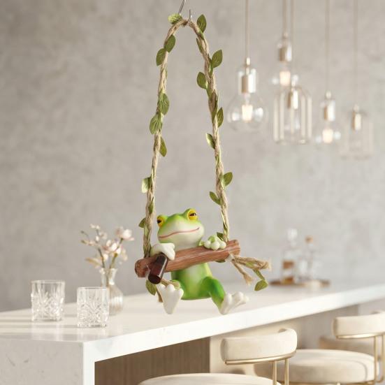 Frog on A Swing Ornament Compact Resin with Hemp Rope Hanging Decor Relaxing Garden Table Decorations for Indoor Outdoor