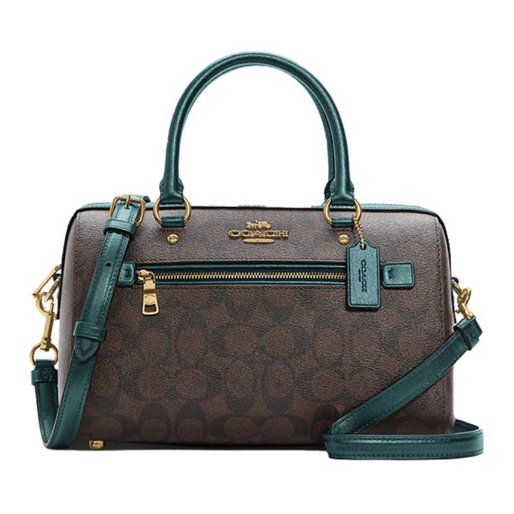 

New COACH Rowan Canvas Leather Handbags Boston Bag Crossbody Bags Large Size Women s Brown & Metal Green 83607-IMTLB 26.7*14.0*15.7CM