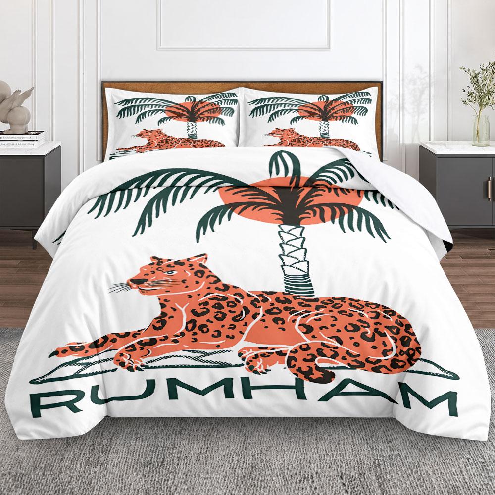 Artistic Tropical Leopard Palm Tree Art Green Bedding Set, King Size Duvet Cover with Pillowcases, Plush Bedding Set with Pillow Shams