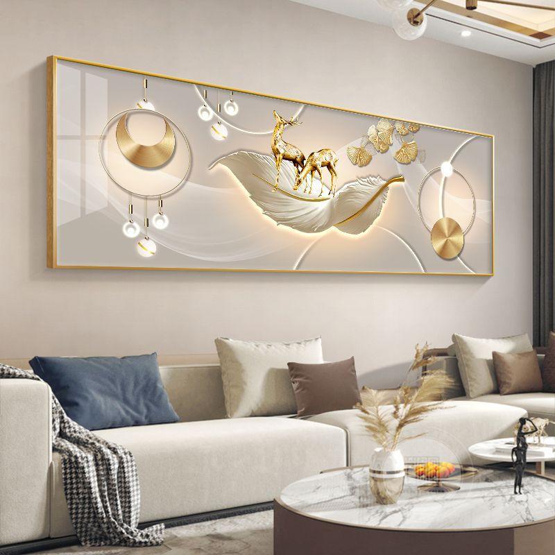 Chinese Style Golden Leaves Deer Canvas Painting Feathers Wall Art Feng Shui Mountain Posters and Prints Living Room No Frame