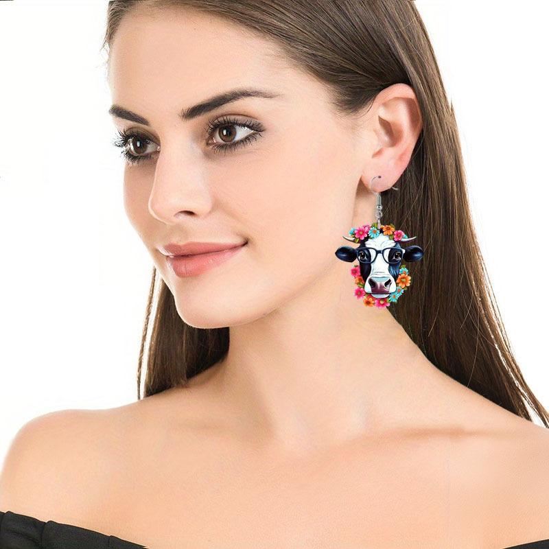 Einzigartige Brillen Kuh mit Blumenkranz Acryl Ohrringe für Frauen Mädchen, Frühling Sommer Y2K Stil Girlanden Creolen, Damenmode Drapierohrringe