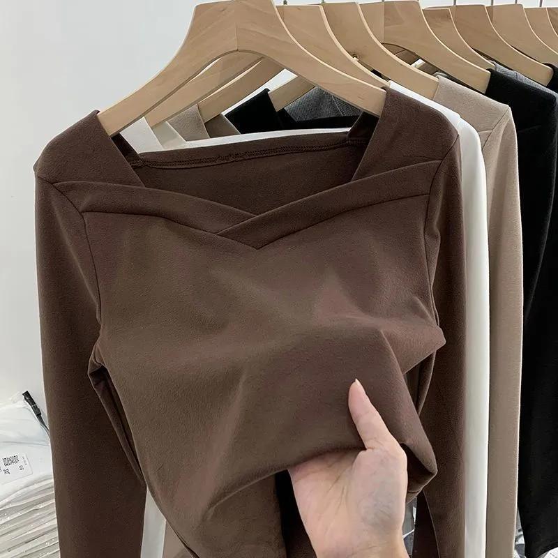 Women's Autumn and Winter Square Thickened Bottom Shirt Solid Color Slim Inner Tops