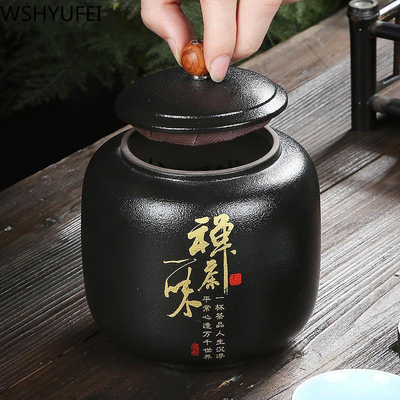 WSHYUFEI cutie de ceai din ceramică neagră borcan din porțelan chinezesc din ceramică borcan portabil etanș pentru depozitare cutii de ceai, bomboane, rezervor de condimente