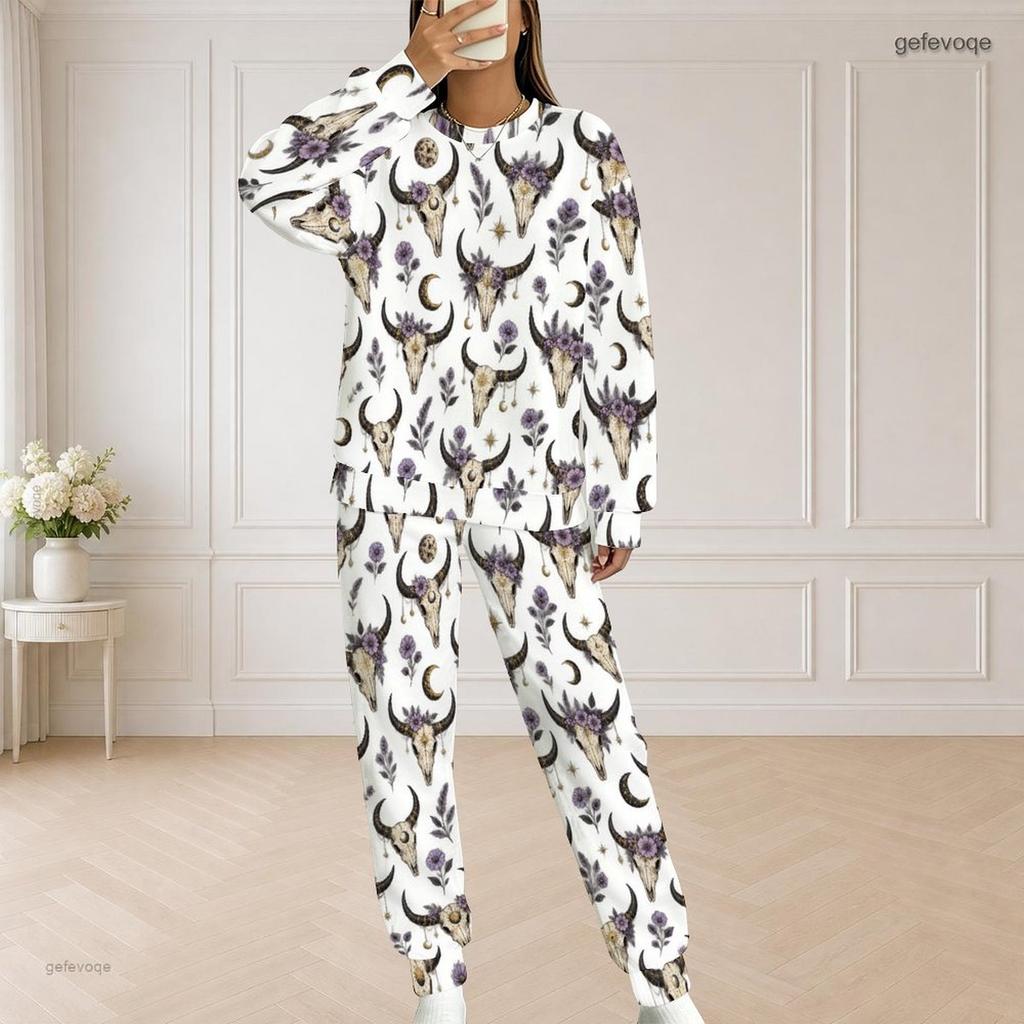 Women Plus Size Round Neck Long Sleeve Top And Long Pants Printed Two Piece Set