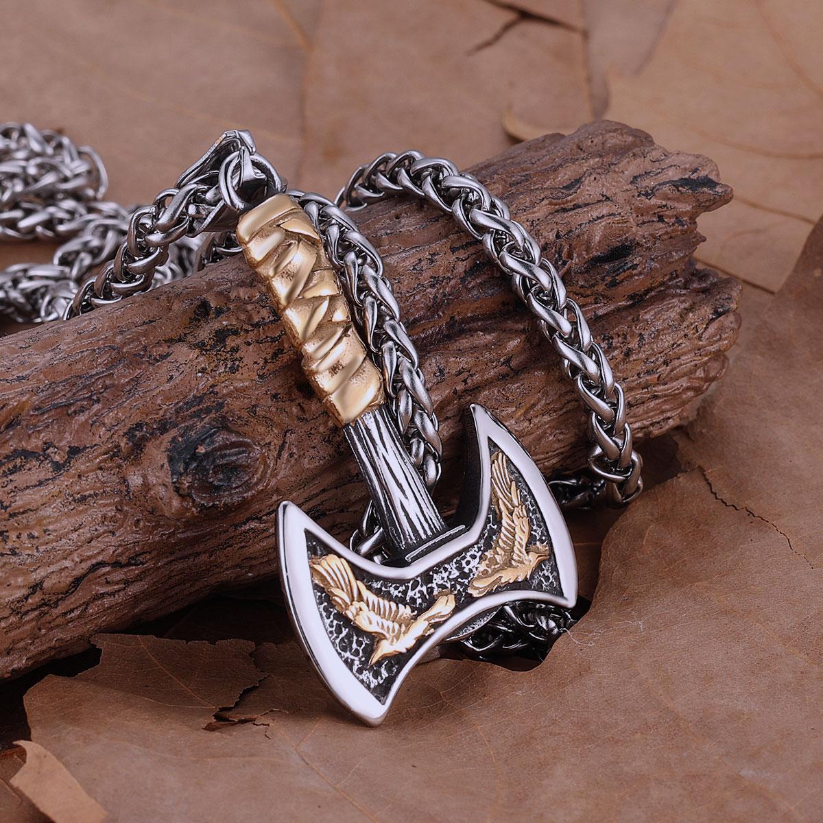 Edelstahl Wikinger Axt Halskette Gemischte Goldfarbe Odin Rabe Anhänger Persönlichkeit Runen Amulett für Männer Geschenk für Freund black