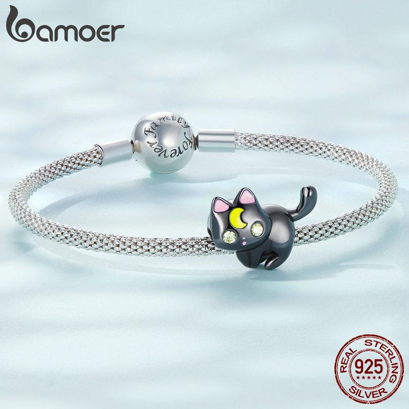 BAMOER 925 Sterling Silver Moon & Cat Charms Fit for Women Original Bracelet & Bangle Cute Black Gold Plated Cat Beads