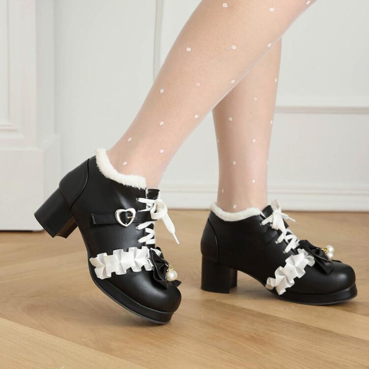 Spring and Autumn New Children's Leather Shoes Solid Color Princess High Heels Bow Lace Lolita Lolita Girls Single Shoes