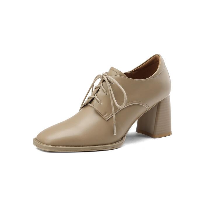 Мода НОВЫЕ ВеснаОсень Женские Лоферы Квадратный Носок Высокий каблук Натуральная Кожа Массивный Каблук Туфли Женские Большой Размер Ретро Шнуровка Черная Обувь 41 абрикосовый 4500₽
