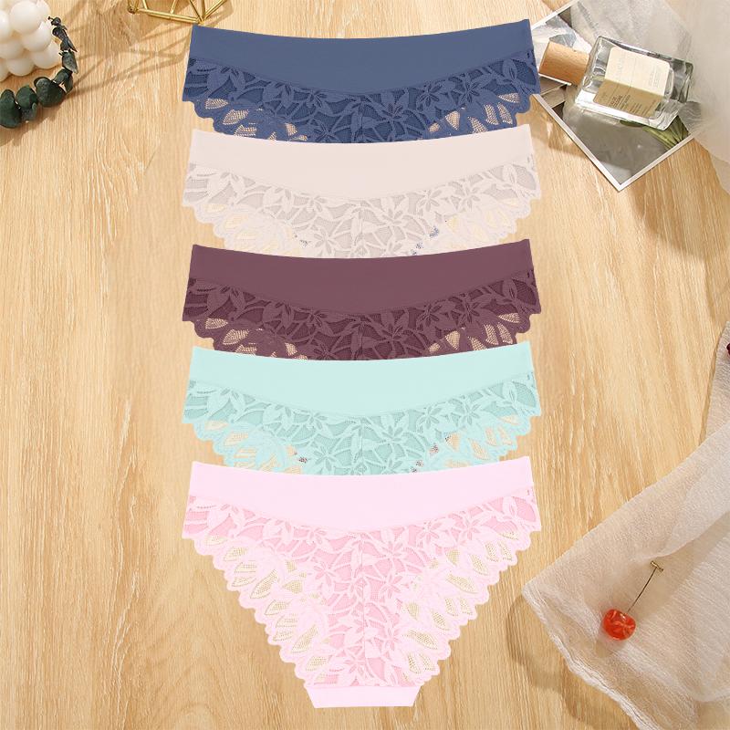 5Pcs Women Lace Floral Underwear Seamless Stretch Panties Sexy Hollow Out Low-Waist Briefs Women Lace Comfort Lingerie