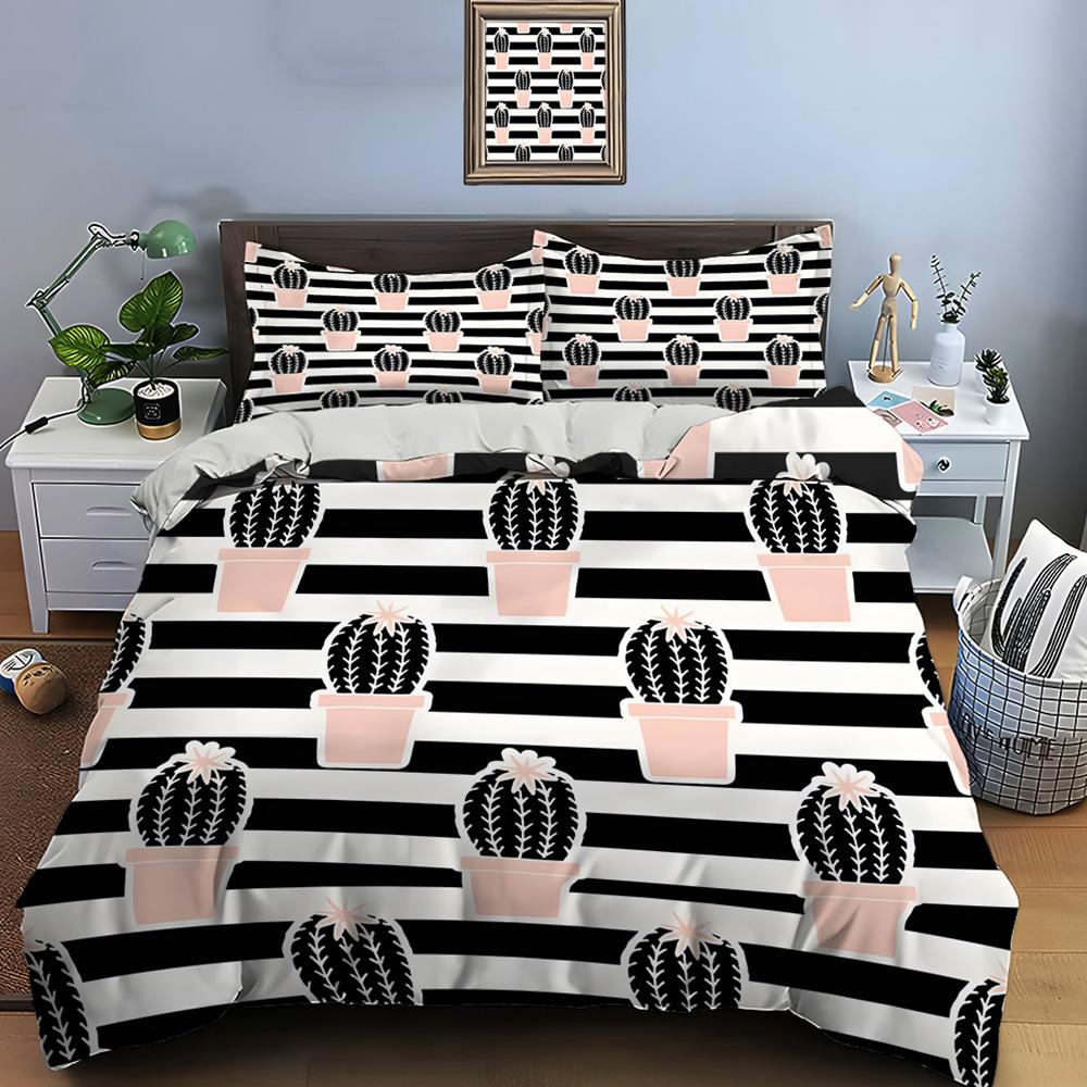 Pink Potted Cactus Pattern Print Soft Comfortable Duvet Cover Bedding Set Included 1*Duvet Cover  2*Pillowcases Luxury Gifts