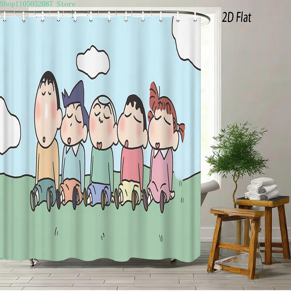 Crayon Shin-Chan Flame Ninja Z Themed 2D Print Waterproof Shower Curtain, Flying Shin-Chan With Family & Shiro Colorful Cityscap