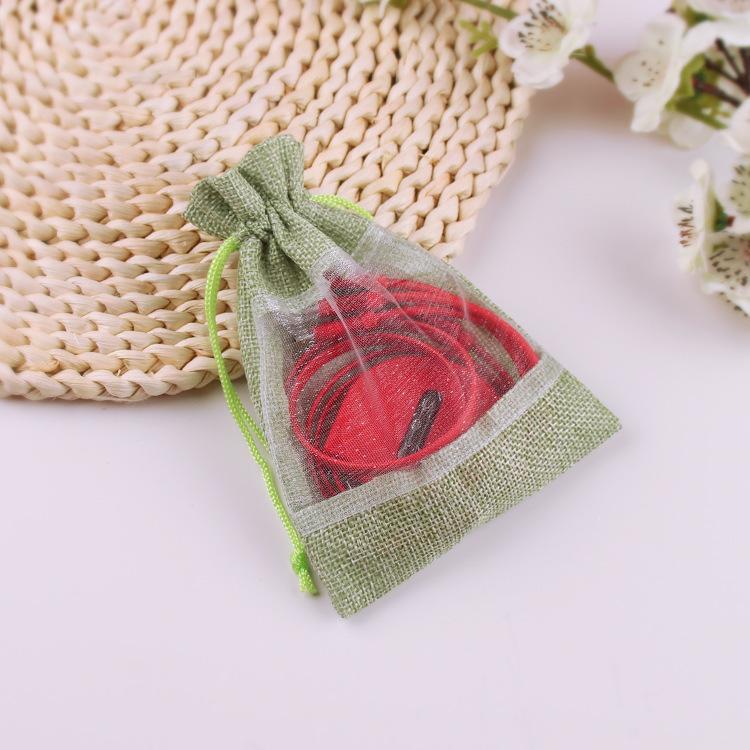 10pcs Window Linen Bundle Pocket Mesh Splicing Bag Cosmetic Organizer Storage Bag Jewelry Drawstring Storage Bag