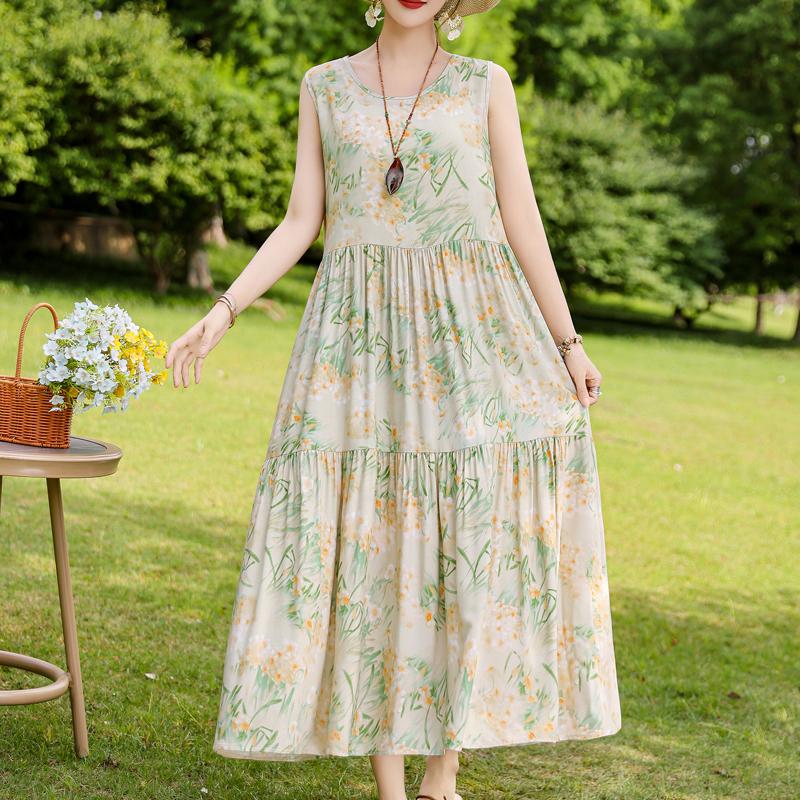Elegant Sleeveless Dress for Women Plus Size Loose Vintage Print Long Dress Summer Middle-aged Women's Clothing
