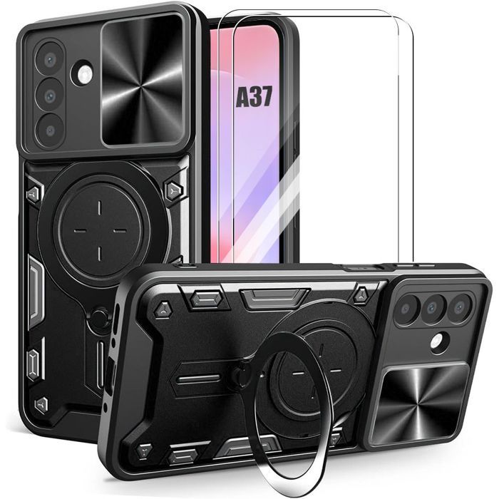 Coque pour Samsung Galaxy A37 5G, avec Anneau et Protection Caméra - Noir - 2 Verres Trempés