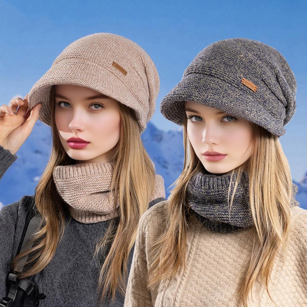 2Stk/Set Damen Wintermütze Schal Set Einfarbig Elastisch Verdickt Ohrenschutz Strickmütze Winddicht Halstuch Set