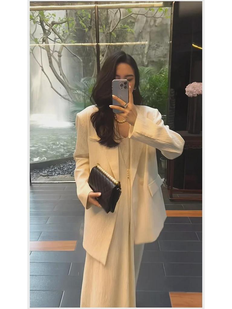 Costum de două piese pentru femei, mărime mare: Fustă lungă cu bretele și sacou pentru primăvară/toamnă