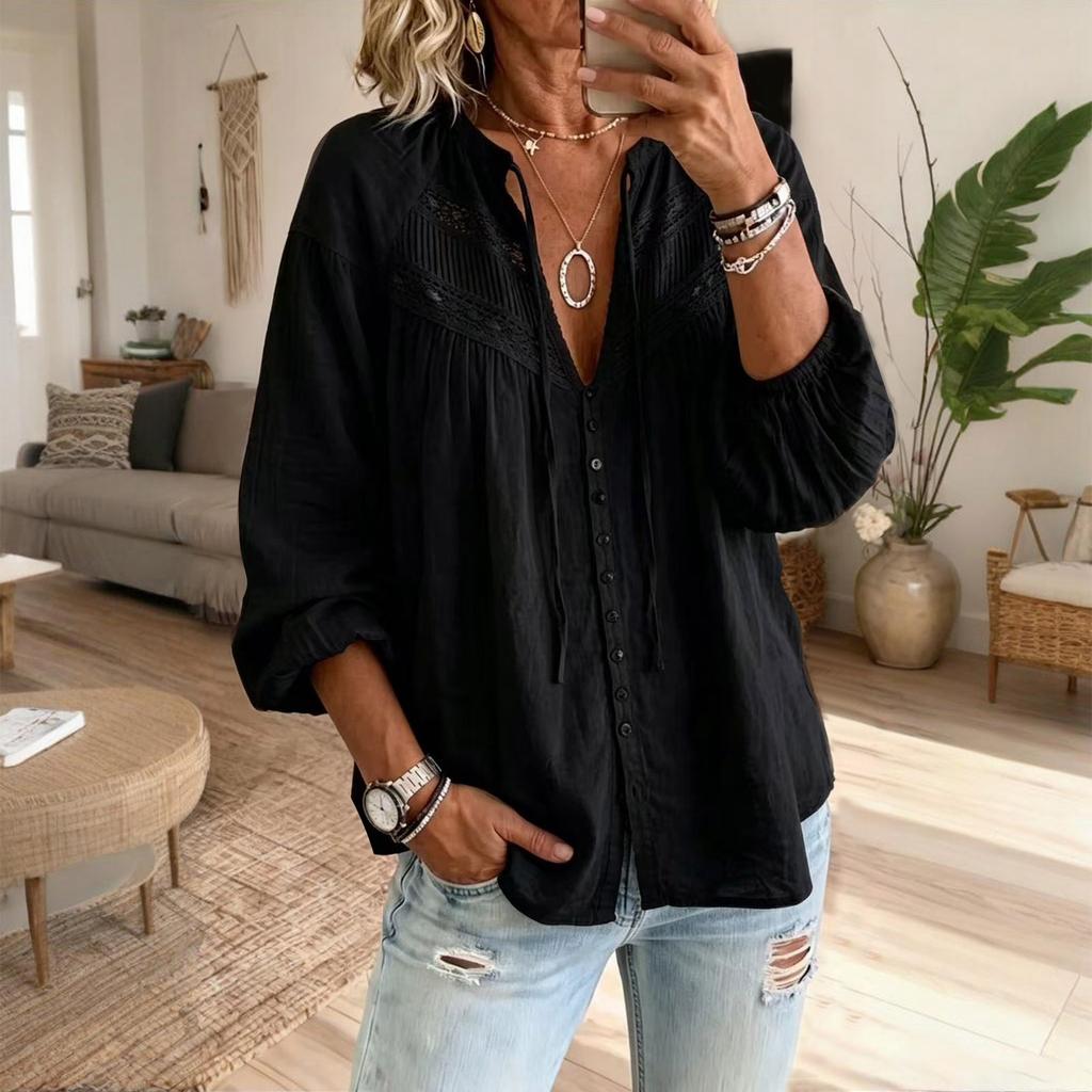 Women's Bohemian Lace Trim Cotton Linen Long Sleeve Blouse with Sleeves for Vacation Beach