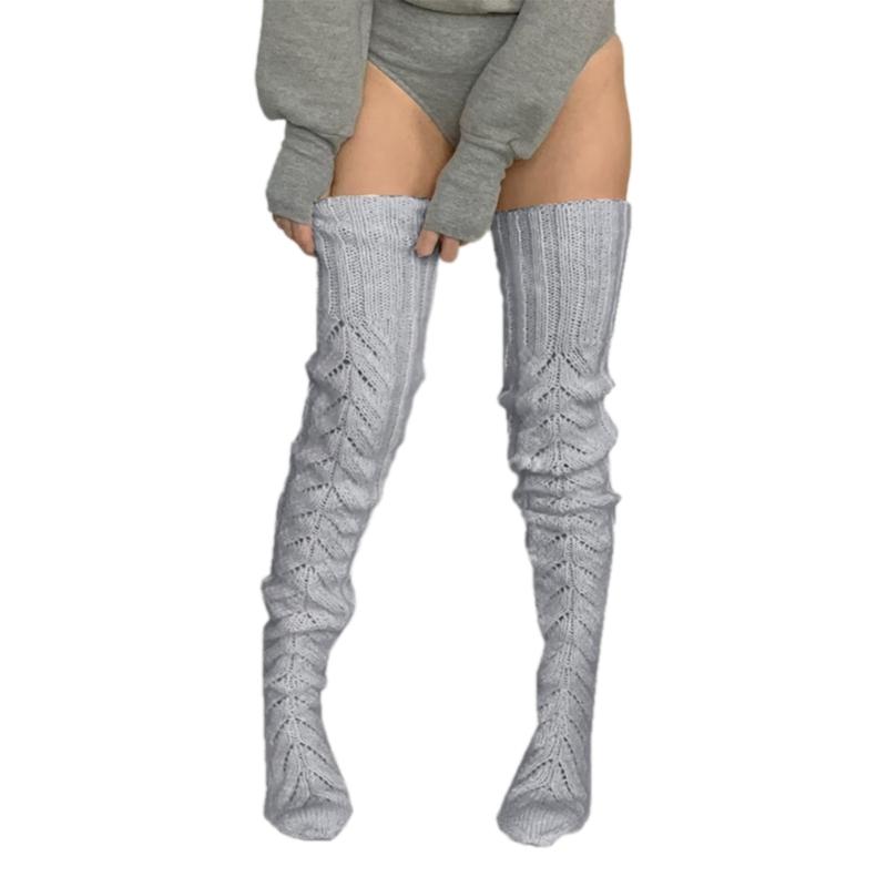 Hollowed Out Knitted Over Knee Long Socks for Women Winter Fall Thigh High Stockings Solid Color Thermal Long Leg Warmer