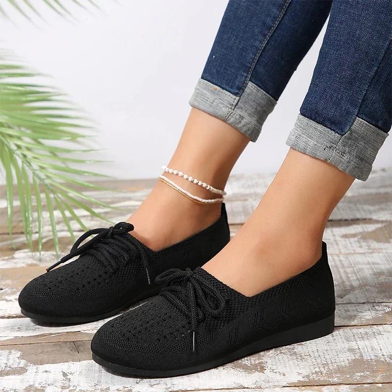 Knitting Mesh Flats Shoes Women Spring Weave Breathable Shoes Fashion Lace Up Shoes Comfort Soft Sole Women's Flat