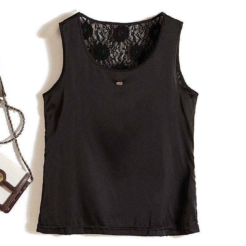 

Double-Sided Fabric Close-Fitting Vest! Small Sexy Poplin Silk Patchwork Stitched Pattern Lace U-Neck Summer Breathable T-shirt Women Black L