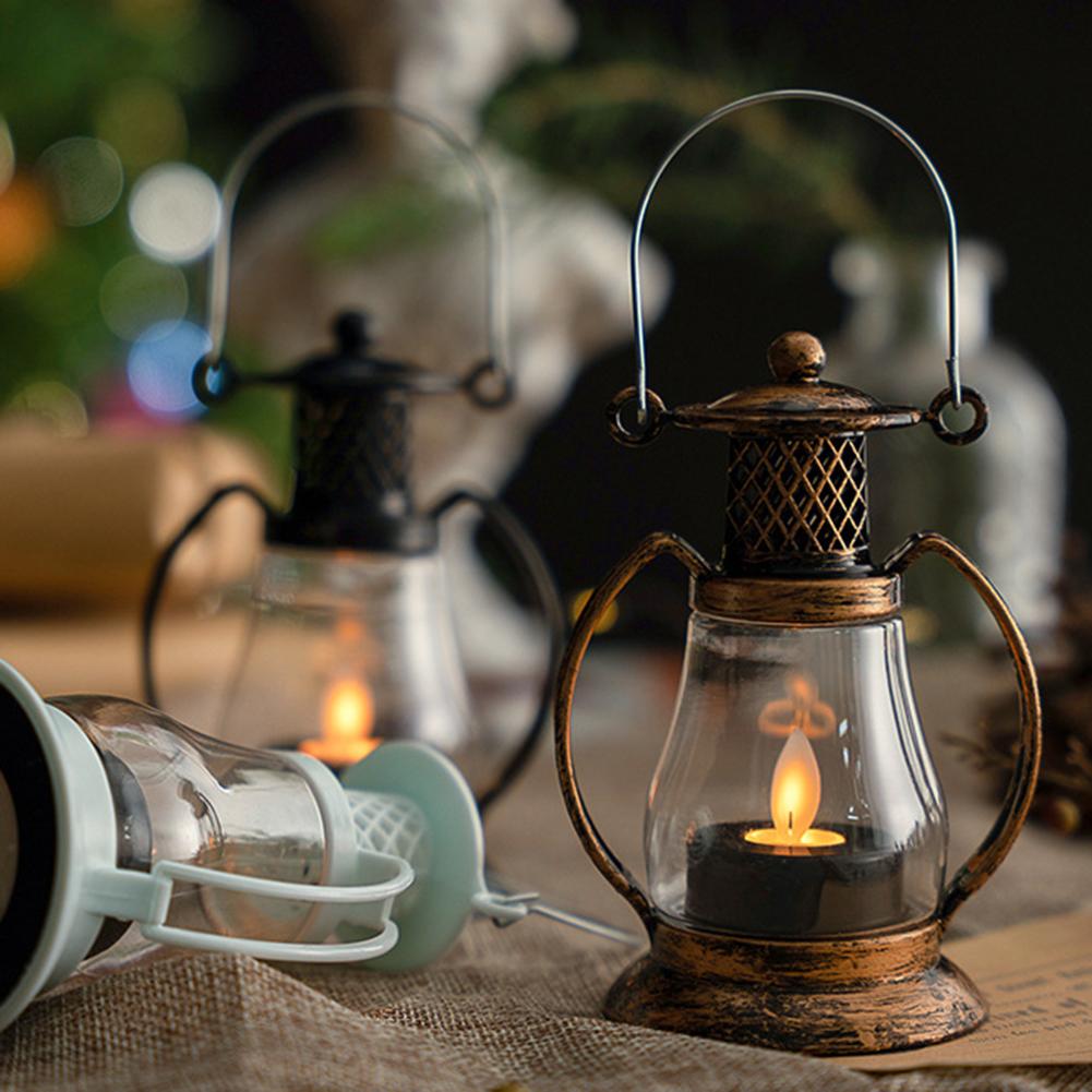 Retro LED Candle Lantern Light Portable Electronic Desktop Hanging Night Lamp Ornaments Garden Hanging Decoration Lantern