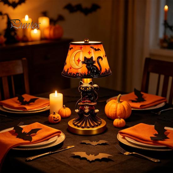 Non Dazzling Bedroom Lamp Halloween Vintage Table Lamp, Retro Resin Pumpkin Skeleton Black Cat Decorative Figurine Night Light, Gothic Bedside