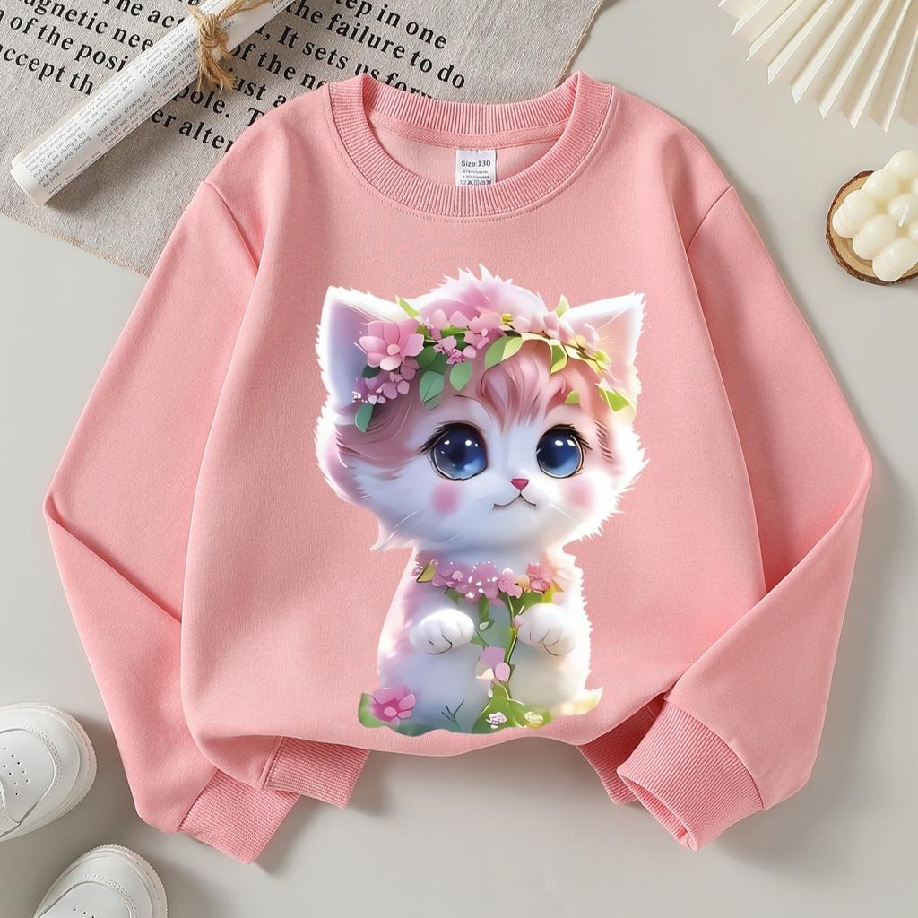 Kids Crewneck Long Sleeve Sweatshirt,Adorable Pink Flower Cat Print