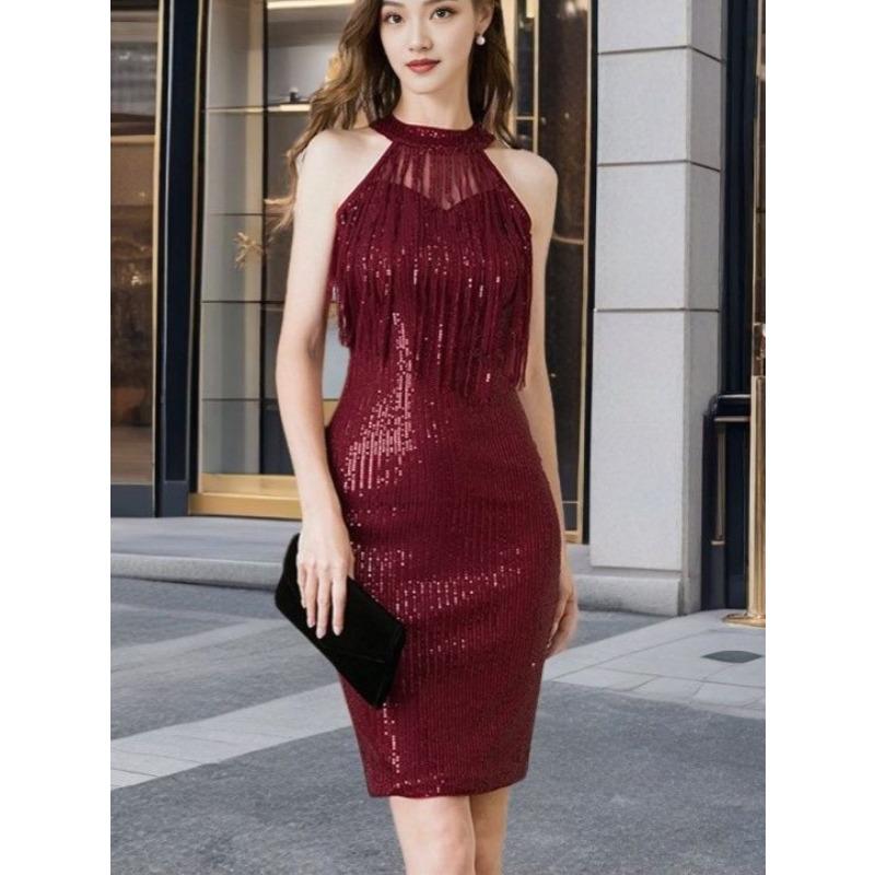 Women's Sexy Party Halter Sequin Fringe Dress Nightclub Sleeveless Slimming Mid-length Dress Dress