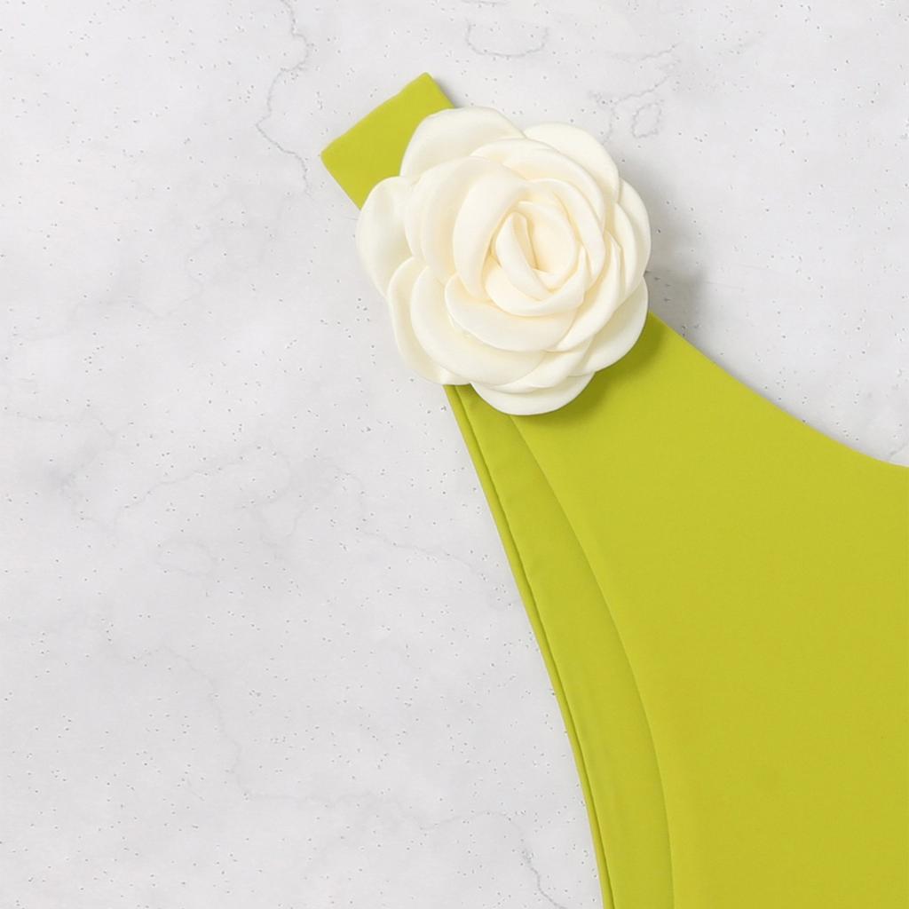 Women's Soild Color 3D Floral Split Top Fashionable Beach Bikini Swimsuit