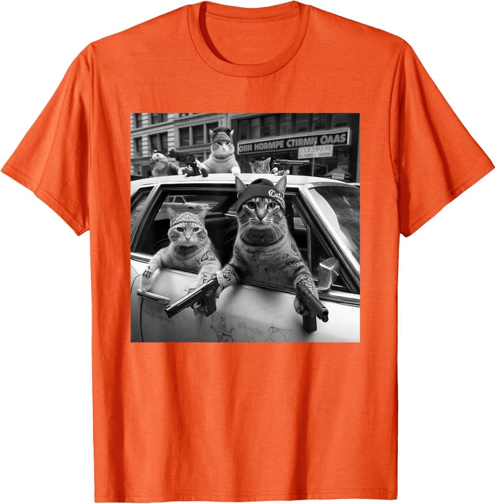 Print Gangster Cats Graphic Tee Men's Funny Street Style Oversized T-Shirt Casual Daily Print Round Neck