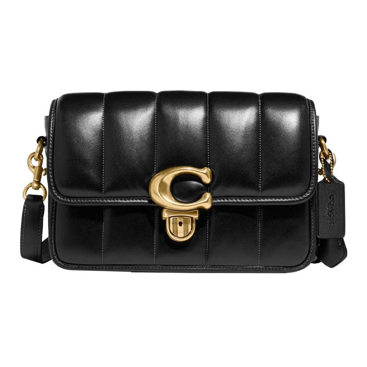 Coach Studio 23 Solid Color Minimalist Quilted C Buckle Flap Leather Messenger Bag Women Bags Black C7725-B4BK