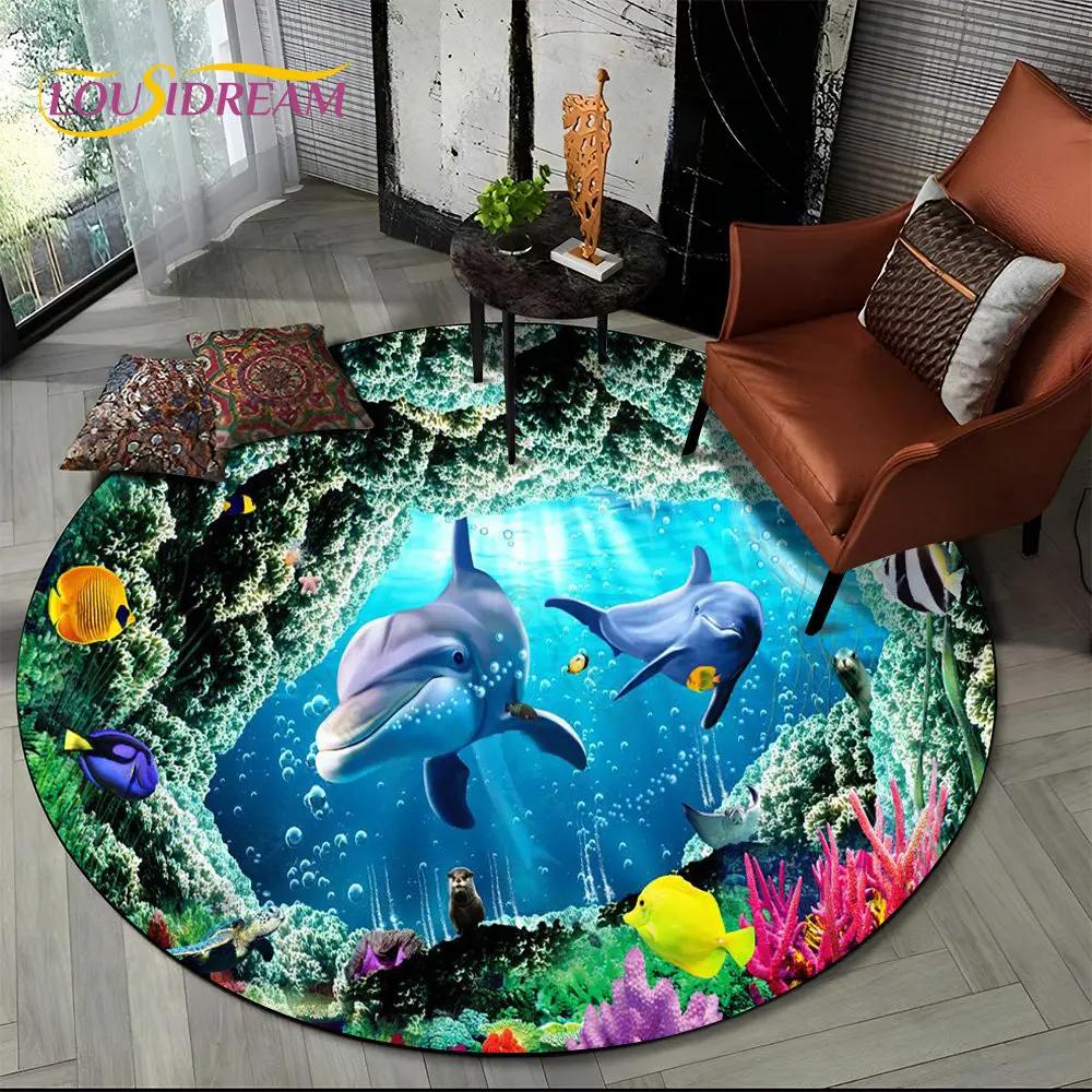 3D Seabed Illusion Underwater World Dolphin Round Area Rug,Carpet for Living Room Bedroom Sofa Playroom Decor,Non-slip Floor Mat