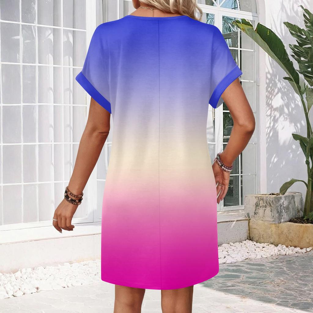 Women's Fashion Gradient Print V-Neck Short Sleeve Pocket Casual Pullover Dress