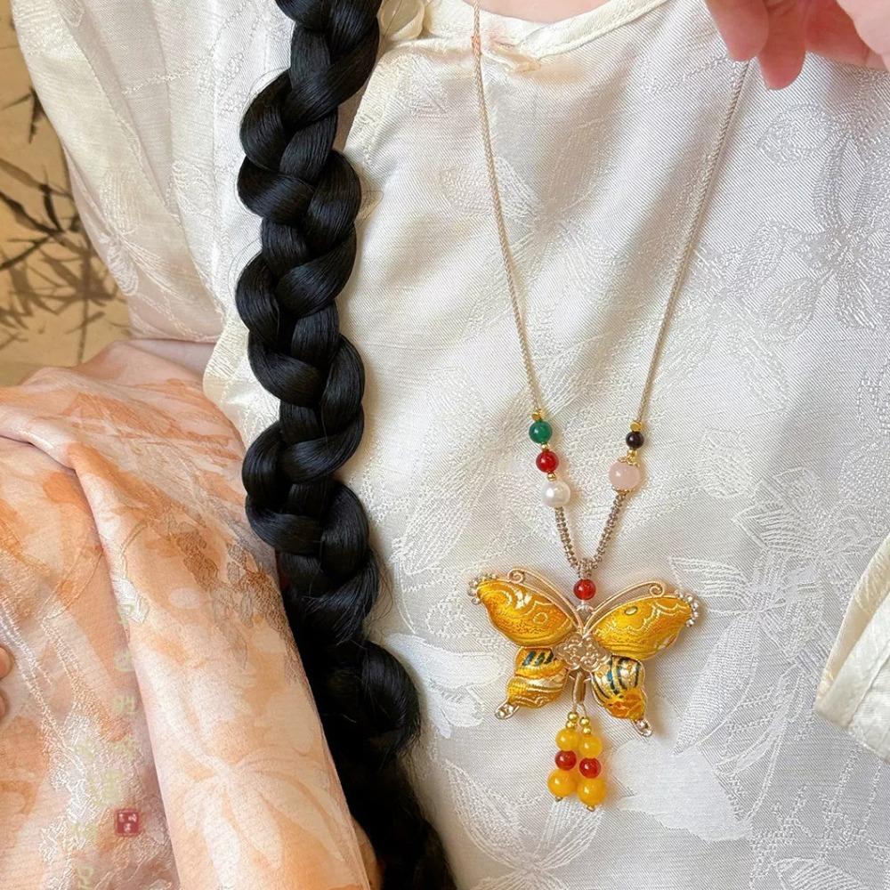 

Beads Song Brocade Butterfly Necklace Ethnic Style Pearl Long Sweater Chain Daily жовтий