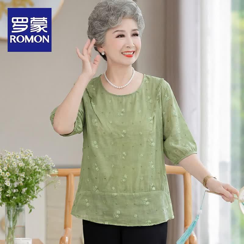 ROMON Women s Floral Seven-Sleeve Ramie T-shirt 3XL