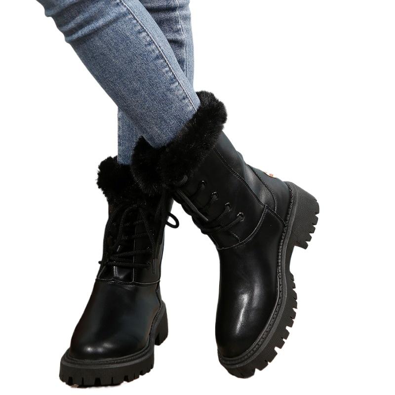 

Ботильоны женские большого размера 2024, до середины икры, теплые, современные, на шнуровке спереди, с круглым носком, на среднем каблуке 42 чёрный