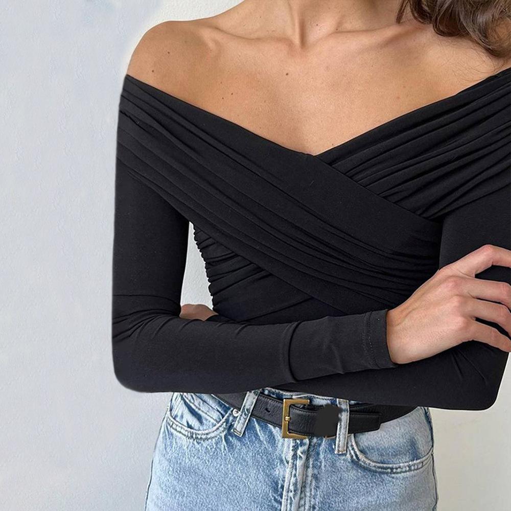 Women's Clothing Sexy Royal Sister Style T-shirt Spring and Summer One-word Collar Off-the-shoulder Temperament Short Top