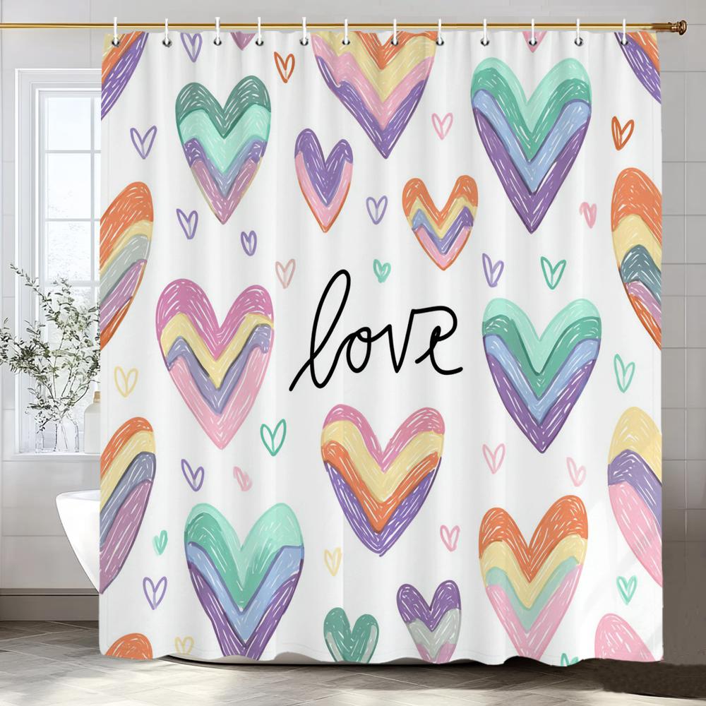 1Pc Heart Shaped Valentine S Day Shower Curtain - With Hooks Print Polyester Shower Curtain Bathroom Decoration Hanging Curtain