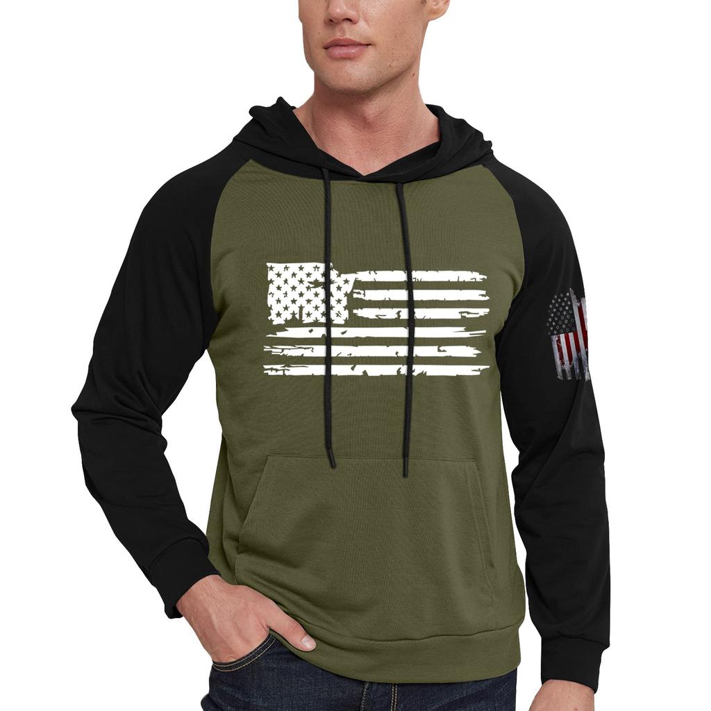 Men's Casual Hooded Drawstring Long Flag Print Sweatshirt With Pockets
