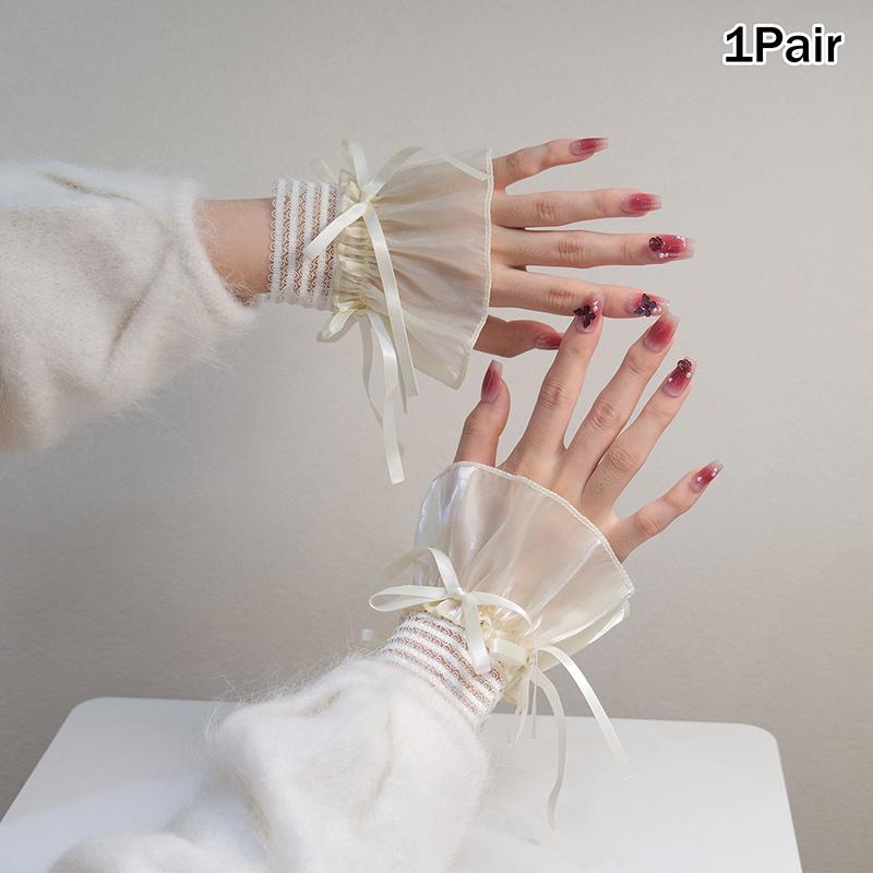 1Pair Nail Art Lace Tulle Photo Glove Fake Pleated Cuff Ribbon Bow Manicure Photography Props Nail Tips Display Lolita Sleeves