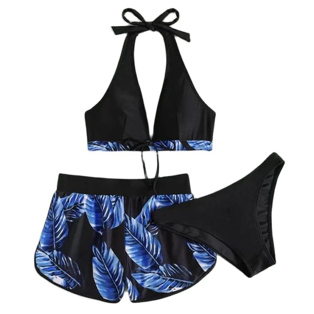 Women 2025 New Bikinis 6 Colors Sexy Halter Bikini 3 Piece Set Leafs Print High Waisted Swimsuit Beach Bathing Suit Size S-XXL