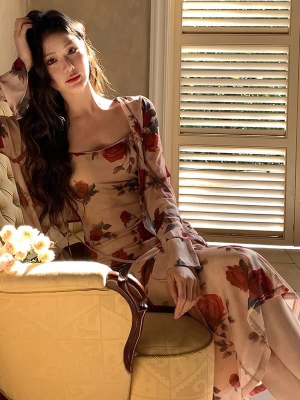 Women's Slim Waist Sleeveless Spring Print Two-Piece Dress