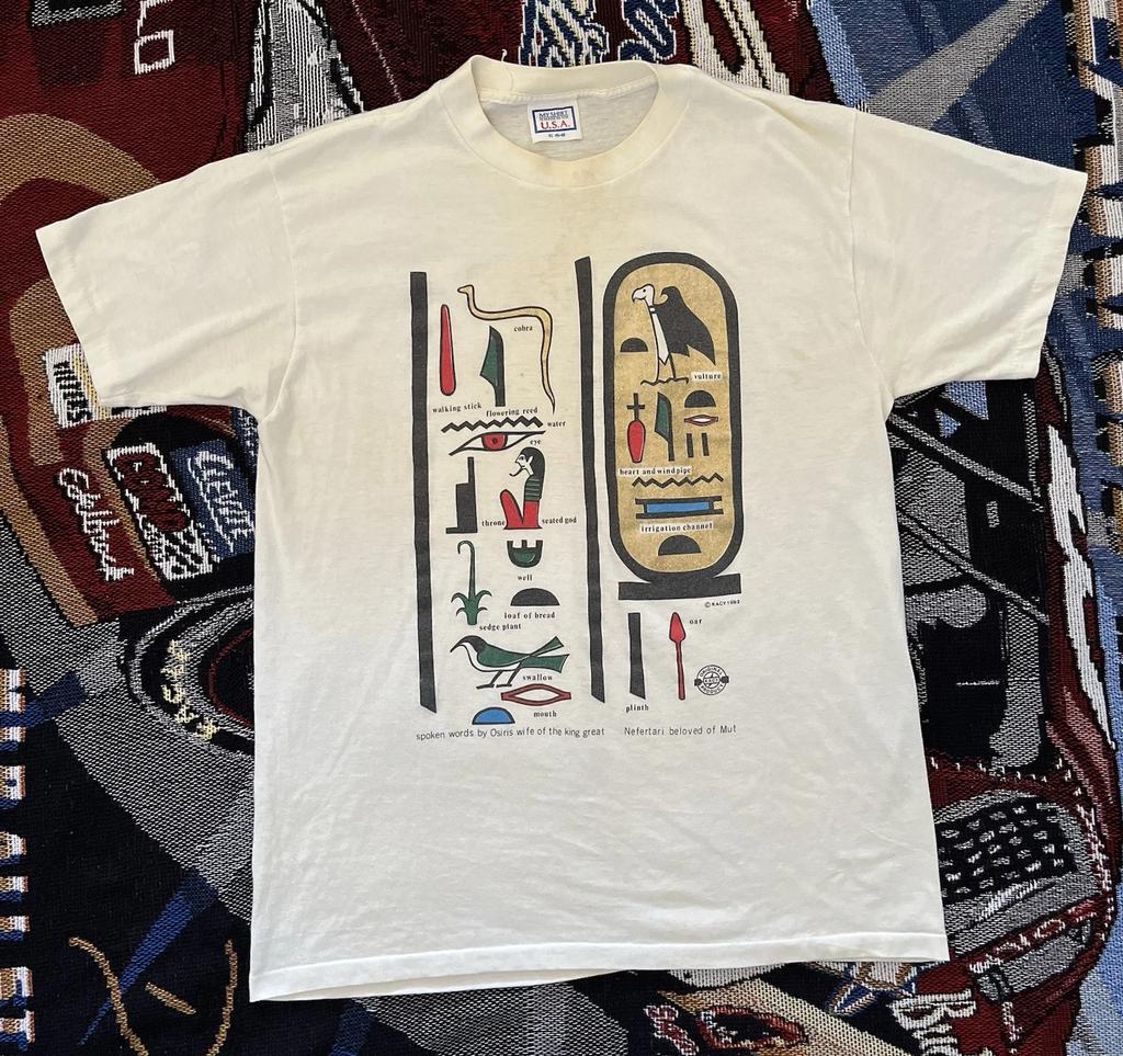 Vintage Egipska Koszula Kacy Hieroglify Ozyrys Nefertari XL Wytarcie 1992