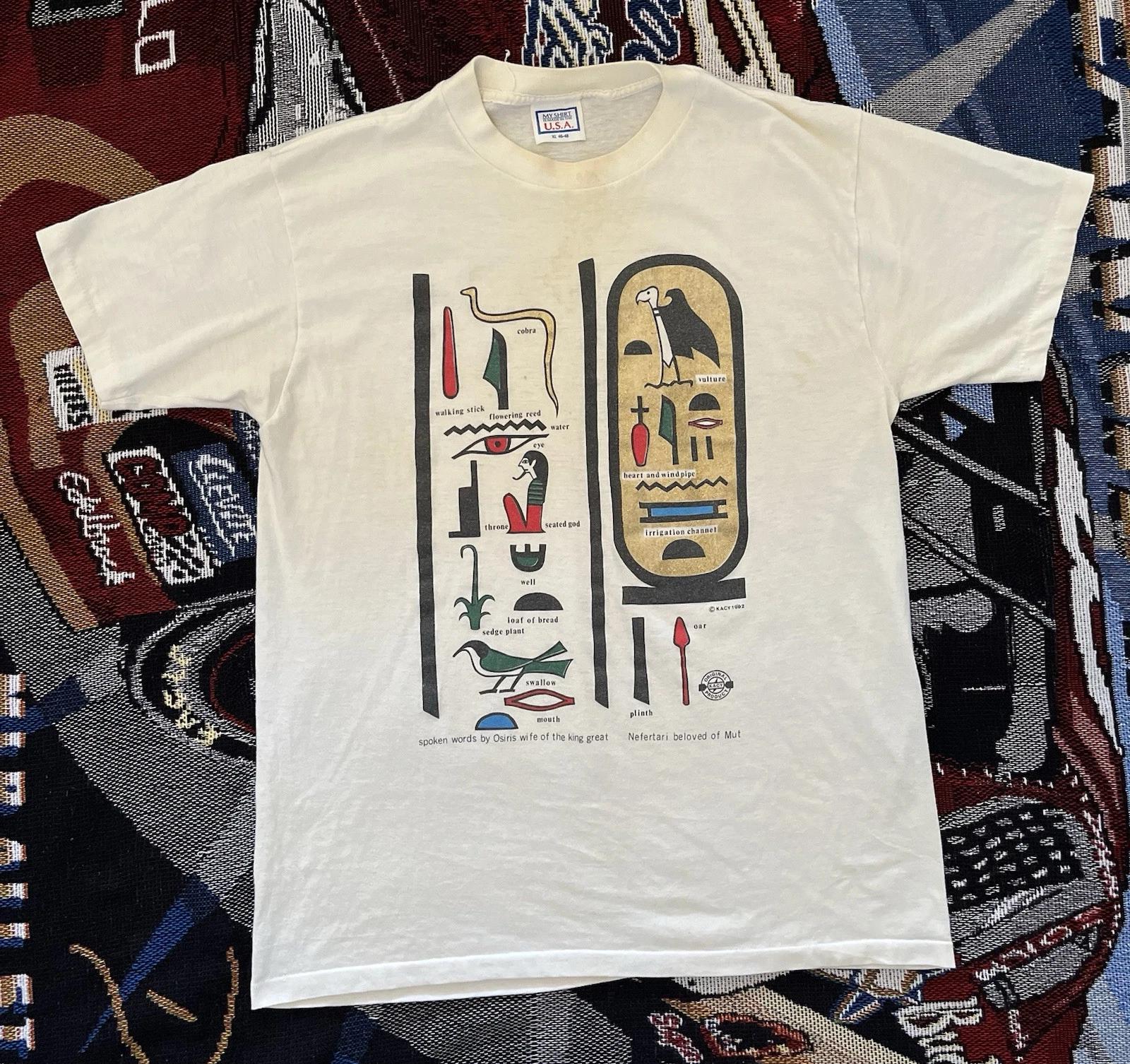 Vintage Egyptian Shirt Kacy Hieroglyphics Osiris Nefertari XL Distress 1992 4XL