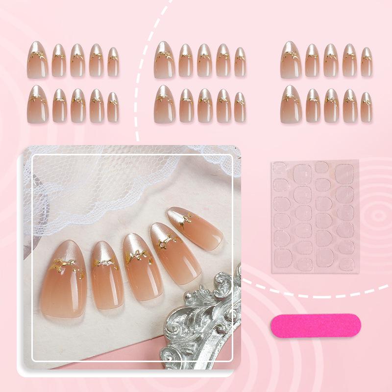 Gold Gradient 30-Piece Press-On Nail Set with Bow and Cat s Eye Design