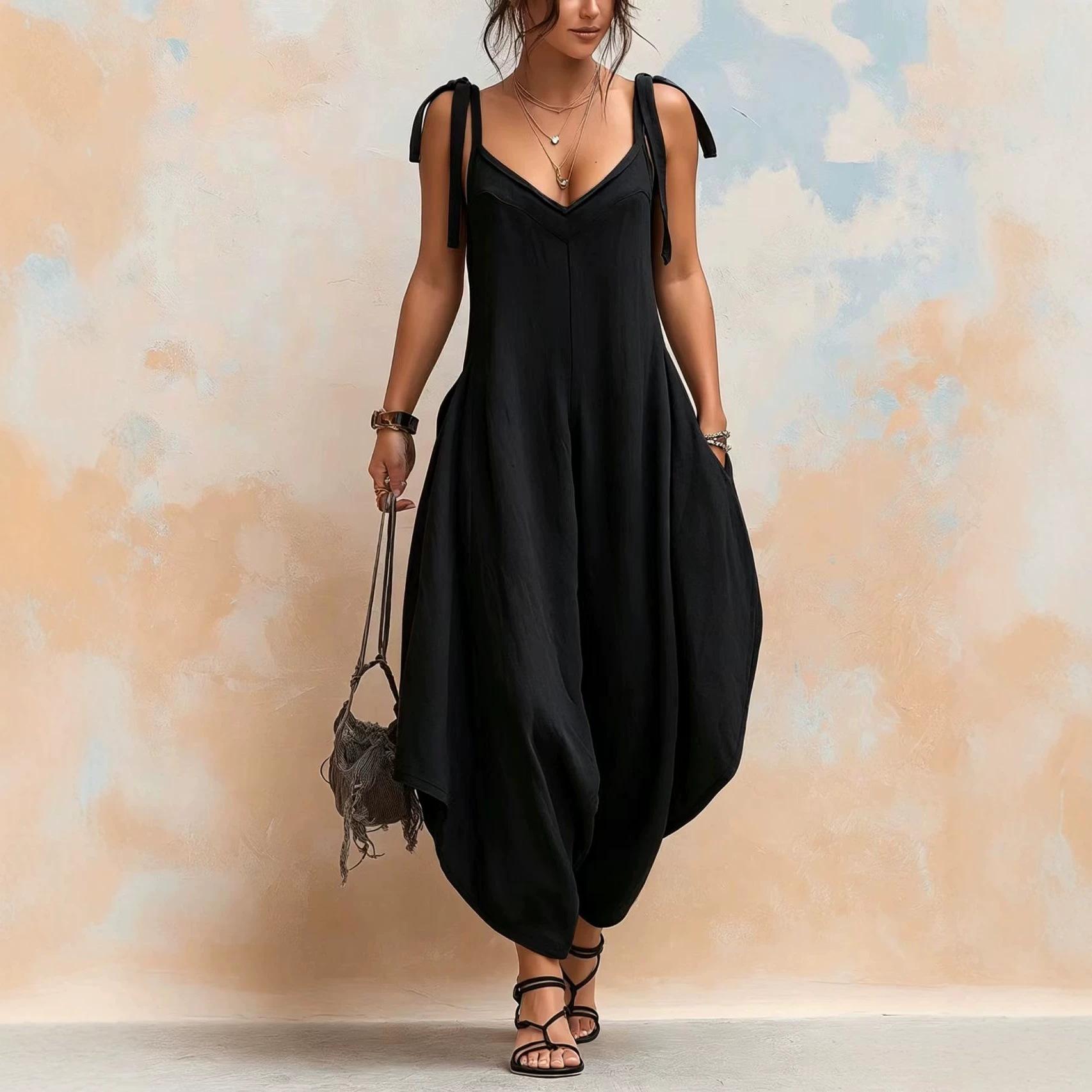 Women Sleeveless V Neck Tie Strap Maxi Dress Solid Color Casual Loose Fit Summer Dress S