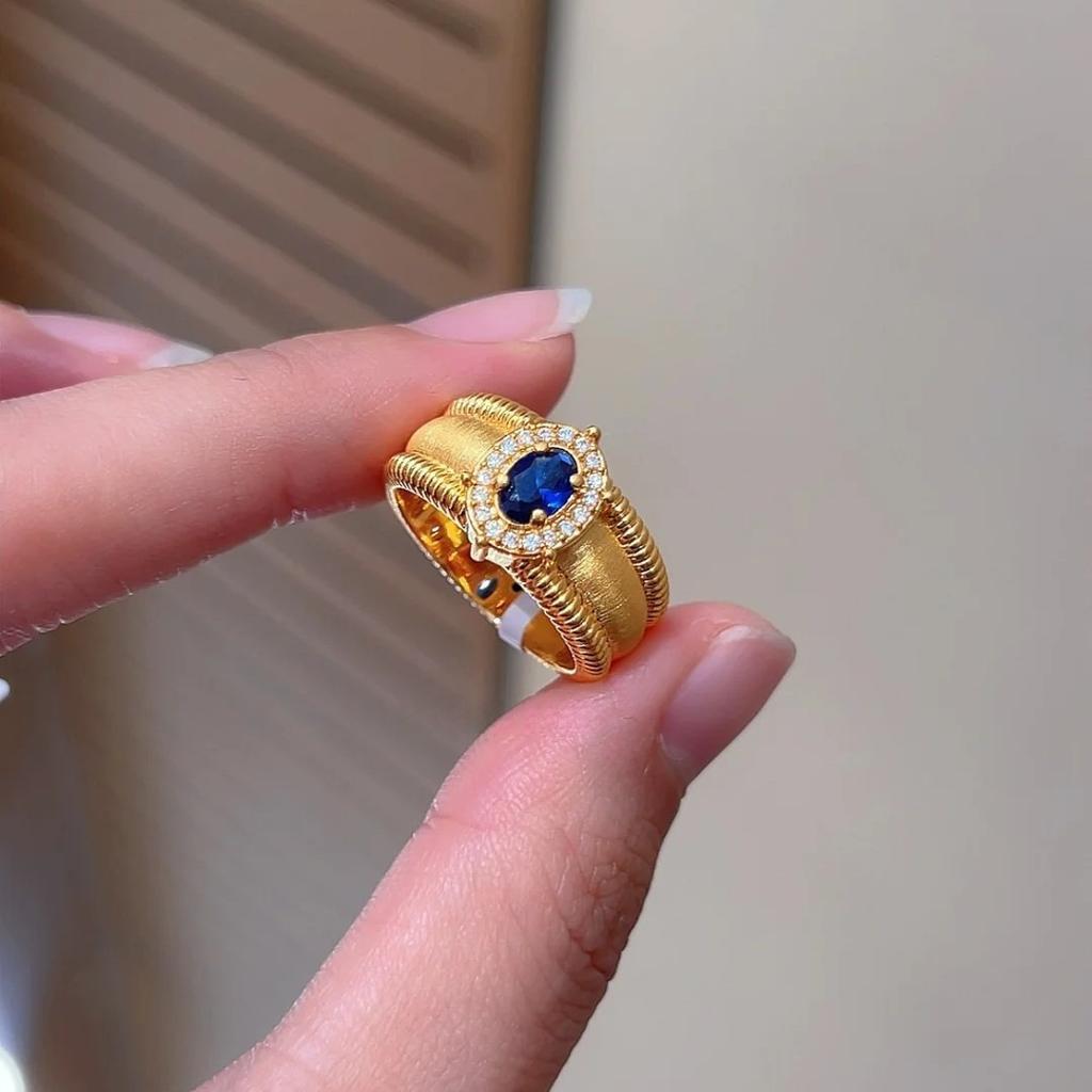 Medieval Brushed Pigeon Egg Ring Ball Edge Light Luxury Retro High Sense Court Style Diamond Open Ring Female